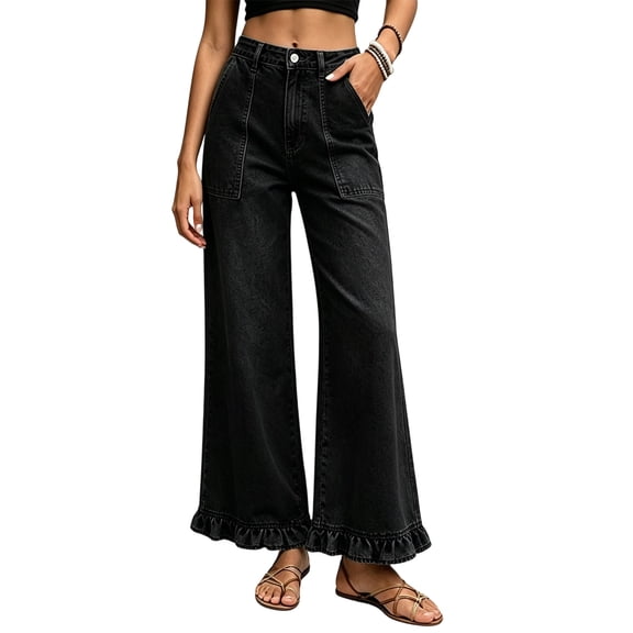 ATOYSOY Wide Leg Jeans for Women Stretch High Wasited Loose Trendy Denim Jean Ruffle Hem Pants
