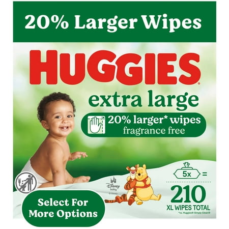 Huggies Extra Large Baby Wipes, Unscented, 5 Flip-Top Packs (210 Wipes Total) (Select for More)