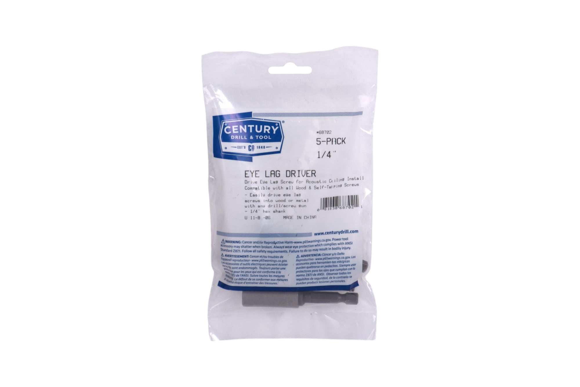 Century Drill & Tool 68702 5-Pack of ¼” Eye Lag Drivers, Bulk Bagged, Drives ¼” Eye Lag Screws in Wood or Metal with Screw Gun, All Metal Design, ¼” Hex Shank x 2-3/4” Length…