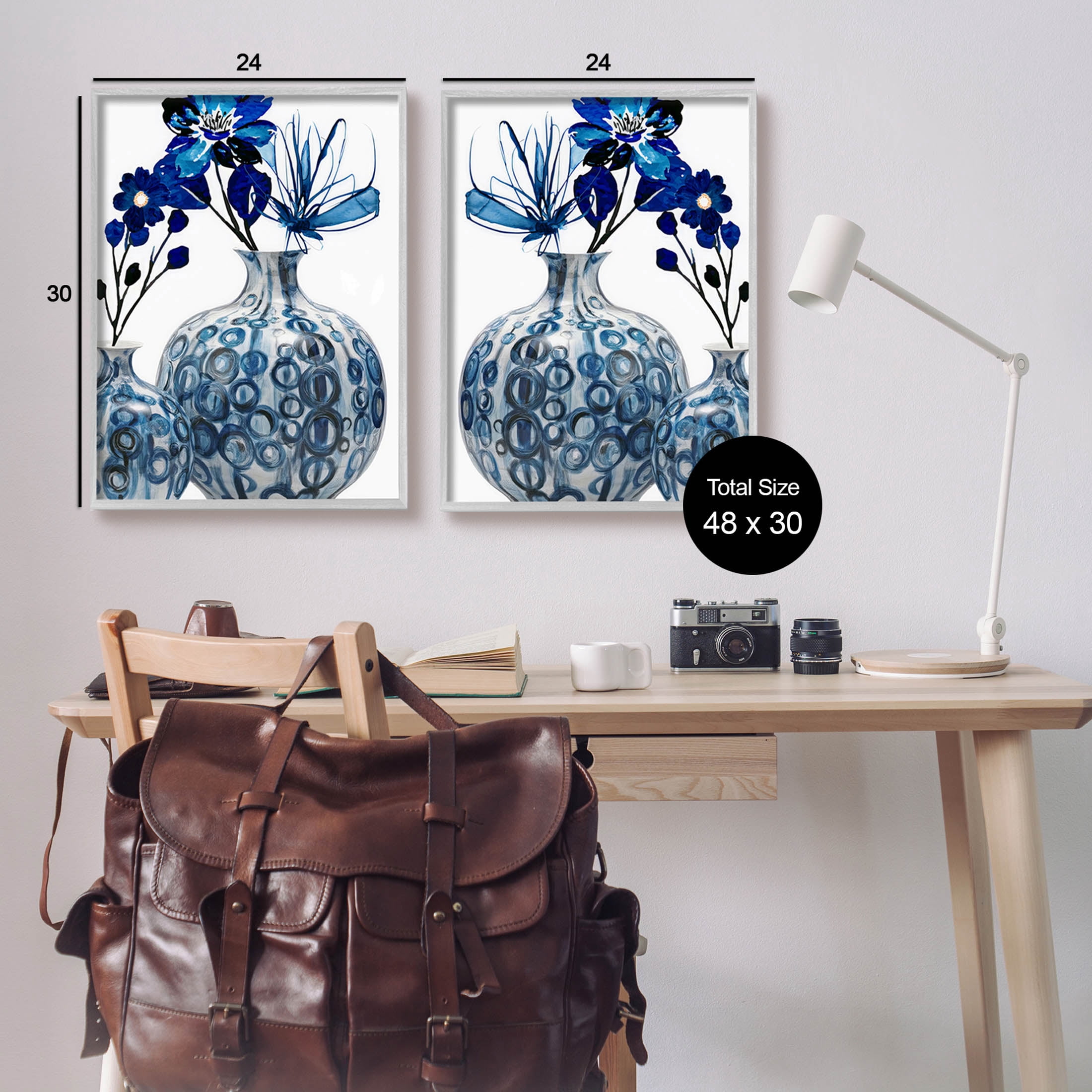 Bold Blue Ikebana Patterned Vase Botanical & Floral Graphic Art Gray Framed Art Print Wall Art, Set of 2