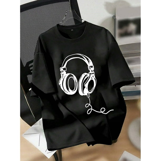Una camiseta informal juvenil de manga corta con cuello redondo, con diseño de auriculares, confeccionada en tejido de punto ligeramente elástico, adecuada para primavera y verano, ideal como ropa dep