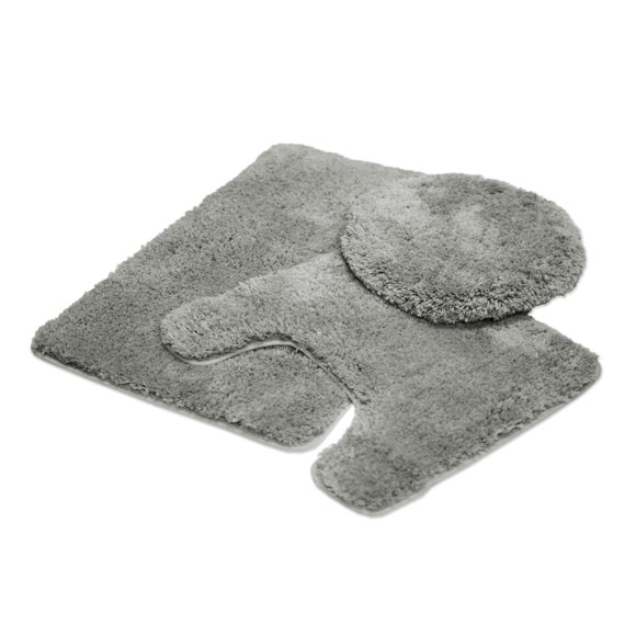 Mary Ensemble de 3 Tapis de Salle de Bain, Tapis de Bain en Microfibre Luxueux Doux Pelucheux Shaggy Épais Duveteux, Tapis Contour, Housse de Couvercle de Siège de Toilette, Dos en Caoutchouc Antidérapant, Tapis de Sol Absorbants, Gris