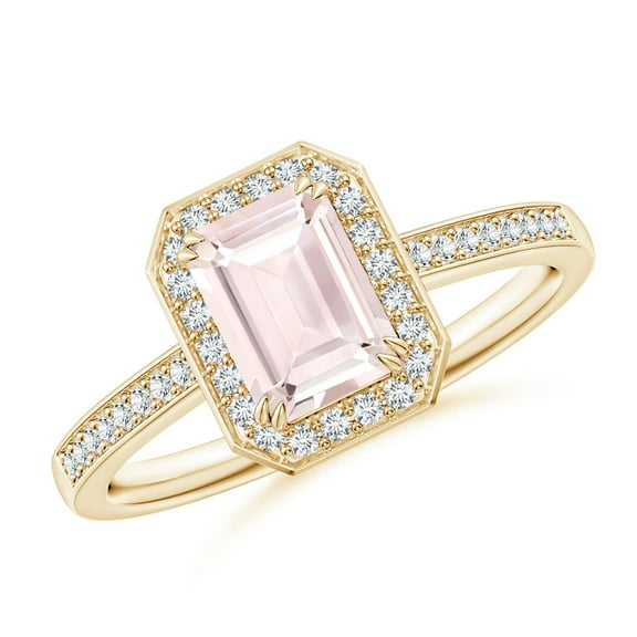ANGARA Natural Emerald-Cut Morganite Engagement Ring with Diamond Halo in 14K Yellow Gold for Women | Birthday, Anniversary, Jewelry Gift for Women | Natural Morganite Ring