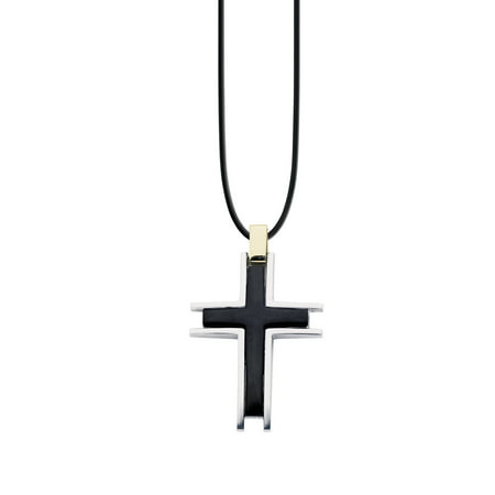 Befitting Stainless Steel & 18kt Men's Cross Pendant with Onyx & Cord