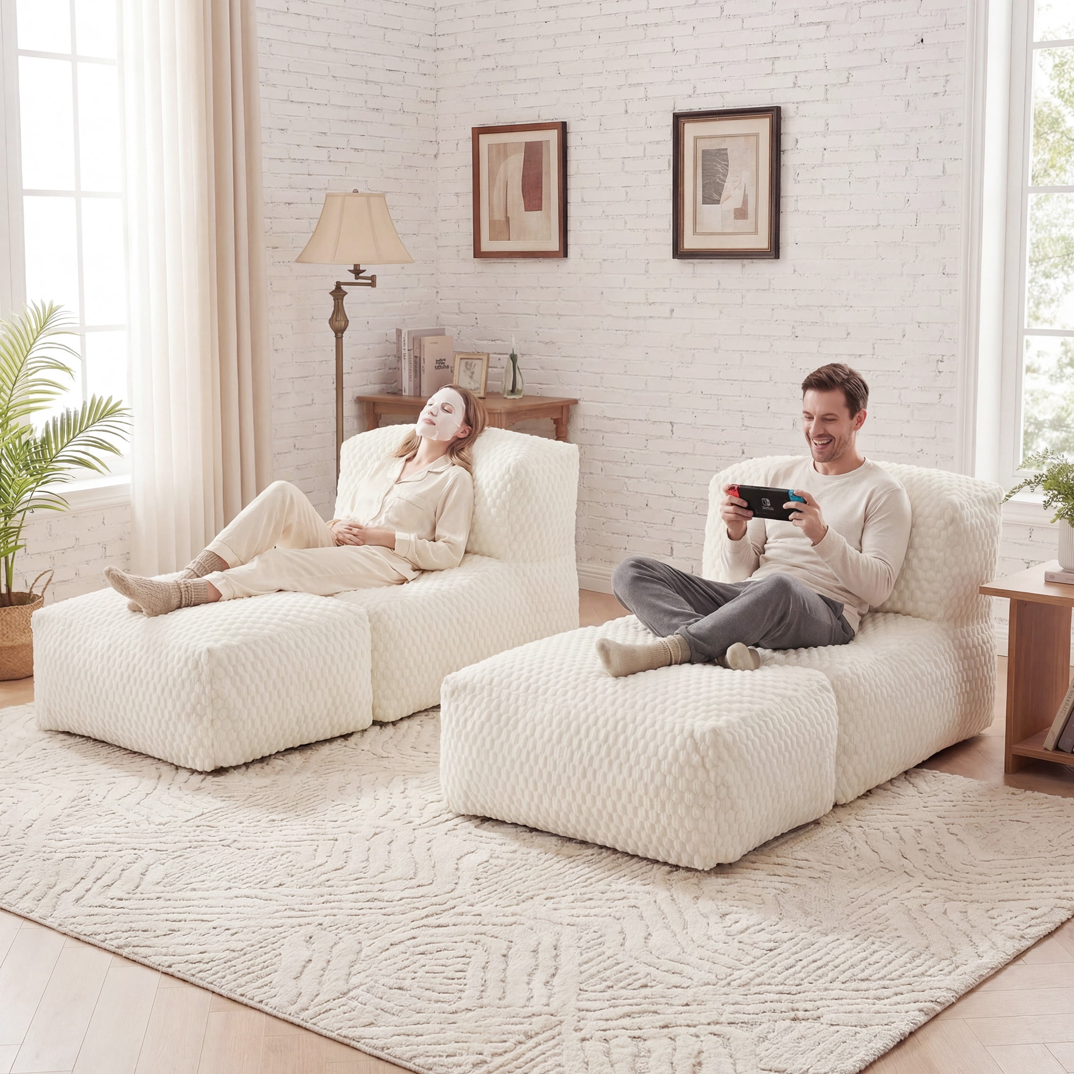 Poshby Big Bean Bag Lounger Chair for Adults, Large Flannel Plush Beanbag Sofa Chair for Living Room or Bedroom, White