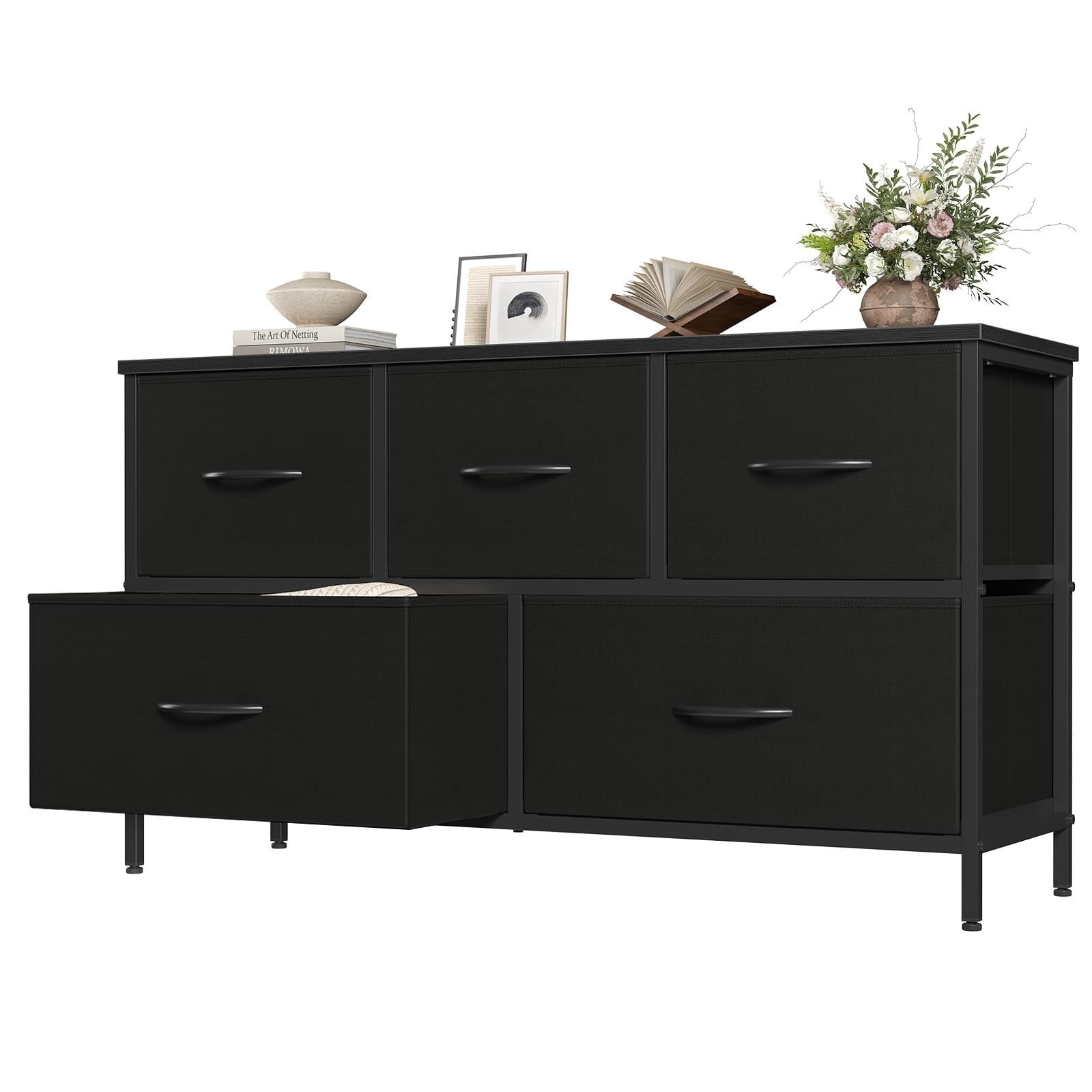 Telyra 5-Drawer Fabric Dresser TV Stand Organizer with Wood Top and Metal Frame, Ink Black