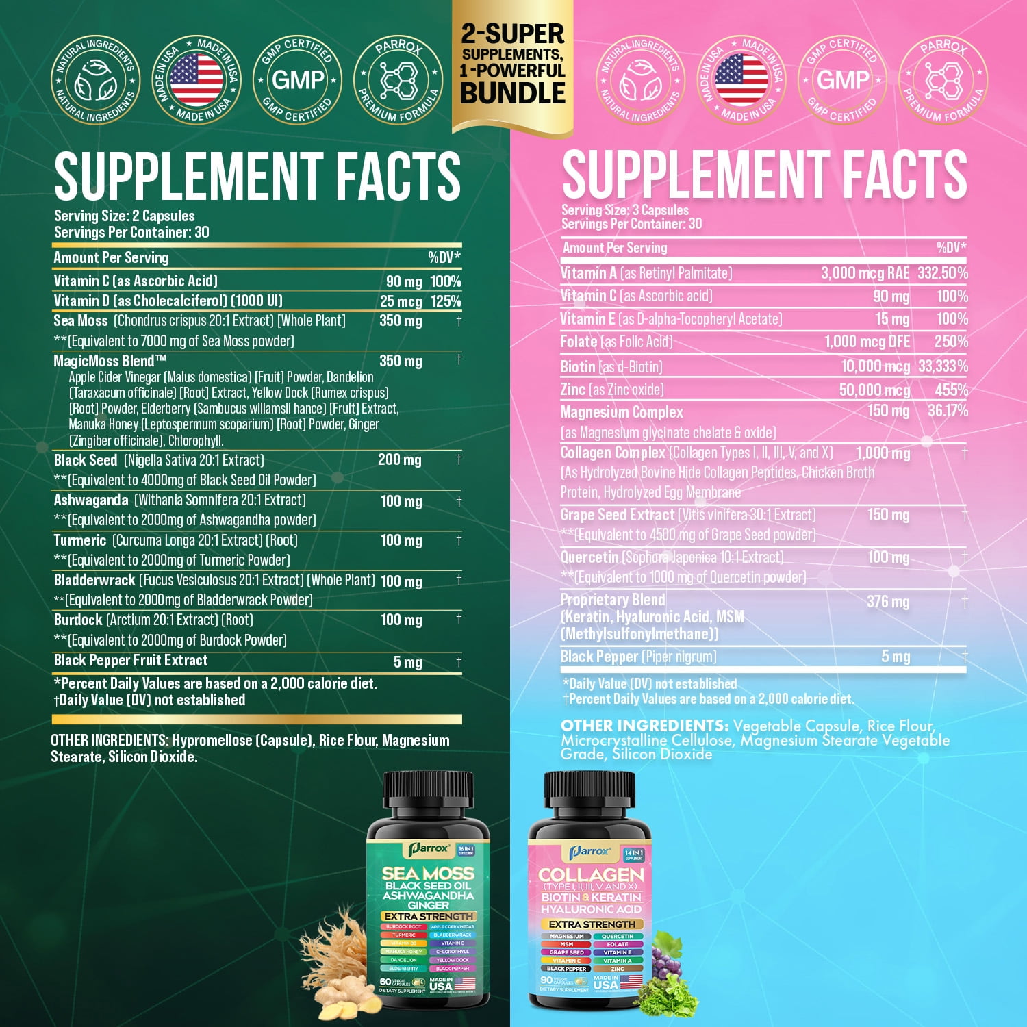 Parrox Radiant Wellness Bundle-Sea Moss, Black Seed Oil, Ashwagandha, Ginger, Collagen Types I II III V X, Biotin, Keratin, Hyaluronic Acid, Burdock Root, Turmeric, Vitamin D3, Magnesium, MSM, Folate
