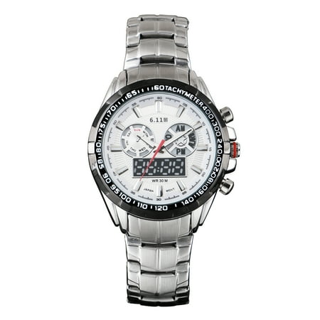 007 Stainless Steel Case - Digital Analog Mens Luminous Quartz Wrist Watch White Stainless Steel Case