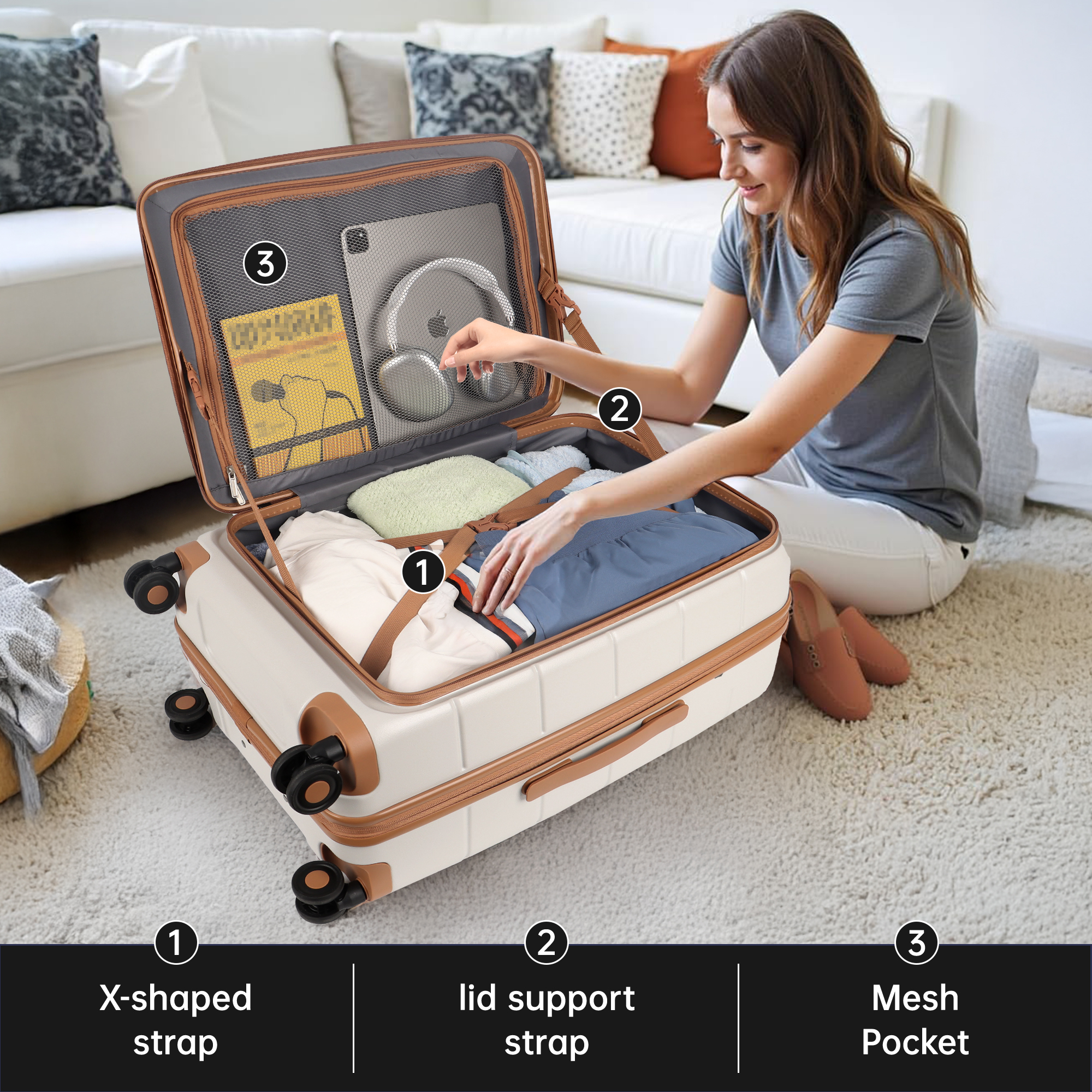 3 Piece Luggage Set,Hardside Expandable Front Opening Spinner Luggage with TSA Lock,Lightweight Hardshell Suitcase Set,20"/24"/28",Beige,CY2431