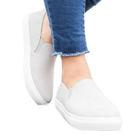 Pink Platform Shoes - Women's Slip On Platform Solid Loafers Round Toe Flat Heels Casual Sneaker Shoes