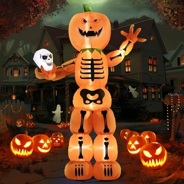 DeeKom 8' Halloween Inflatable Skeleton Pumpkin Decorations, Blow up Decor with LEDs Outdoor