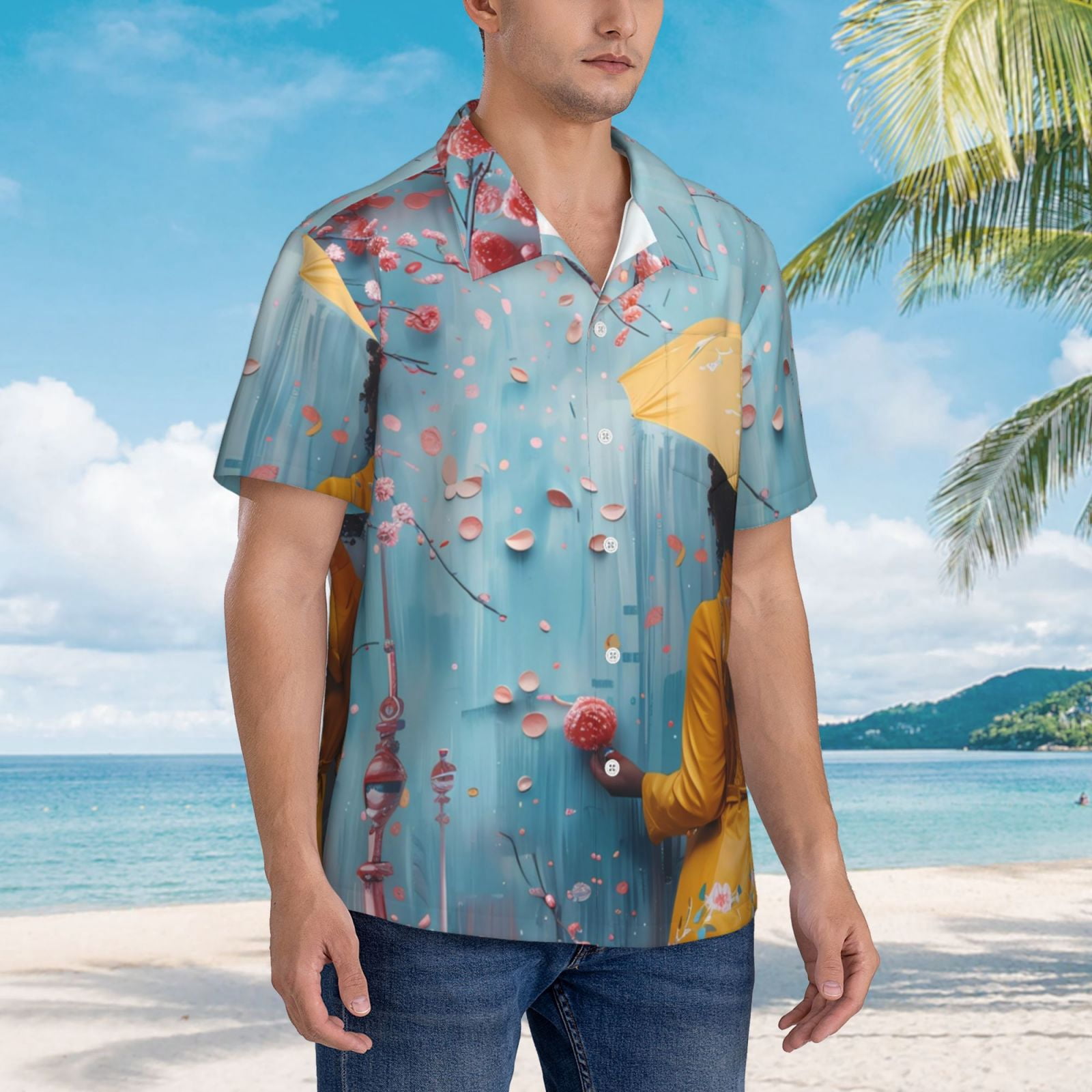 Logiee Woman Under Blossoming Tree Print Mens Hawaiian Shirts,Loose-Fit Short Sleeve Button Down Tropical Aloha Beach Shirt,Summer Vacation Wedding Tops,Large