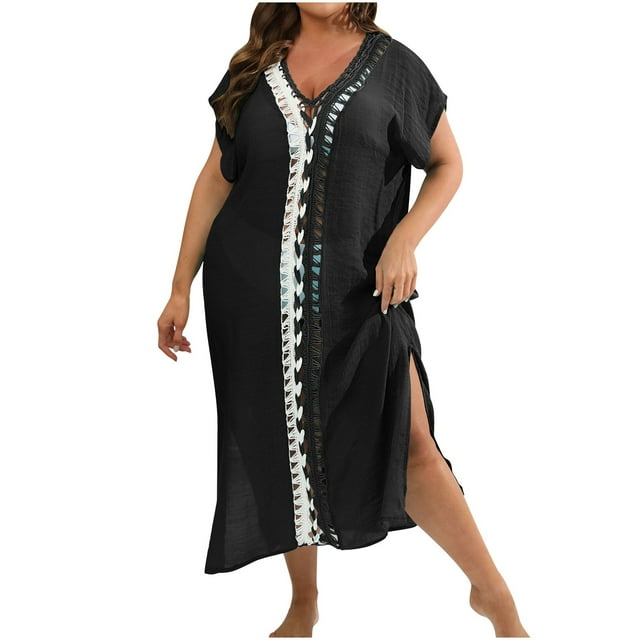 Cameland Women's Contrasting Color Patchwork Deep V Short Sleeved Split Dress