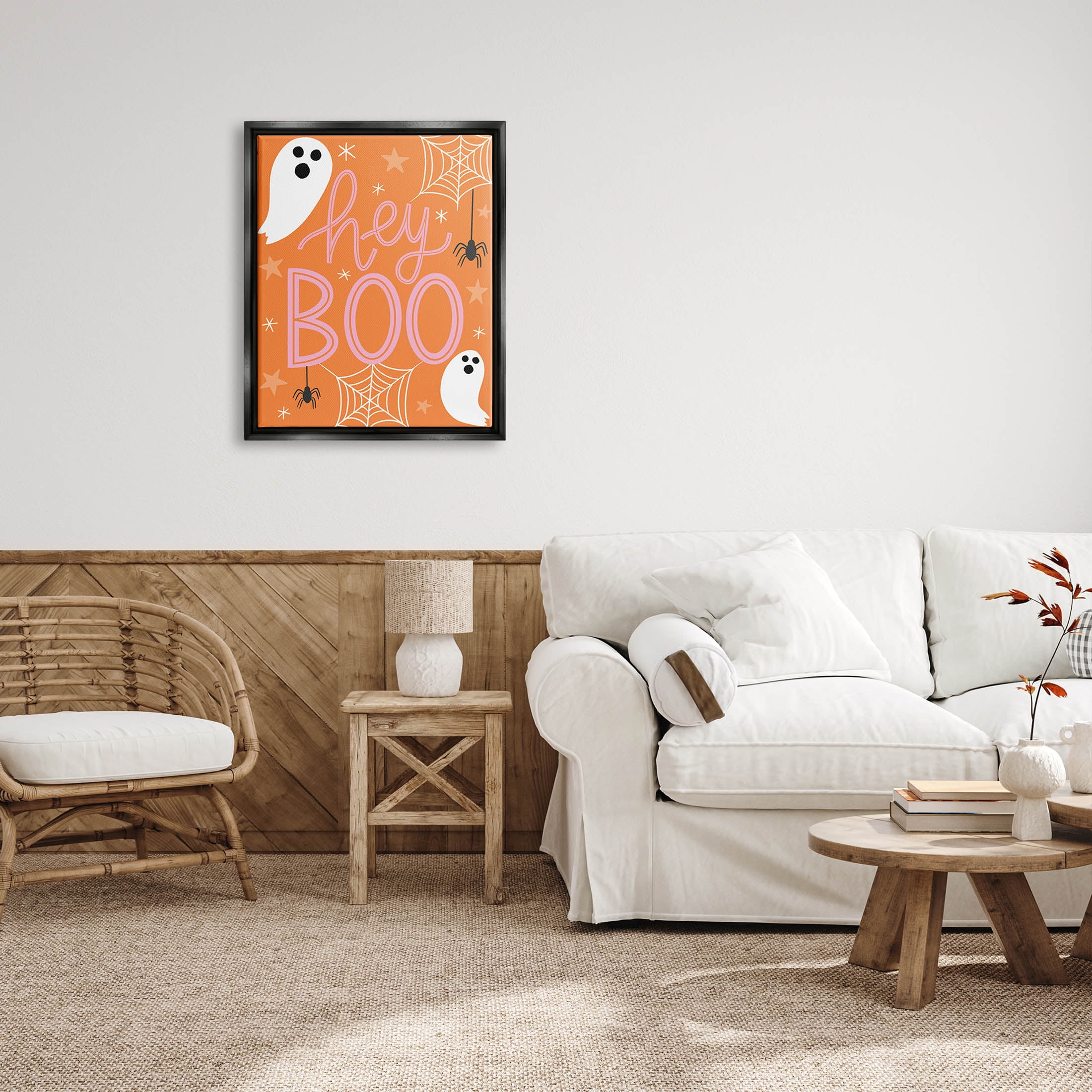 Hey Boo Orange Halloween Ghosts Holiday Graphic Art Jet Black Framed Art Print Wall Art