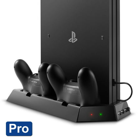 PS4 Pro Charging Station with Cooling Fan, TSV PS4 Pro Dual Controller Charging Dock in Vertical Stand Design with 3 USB Hub Charging Ports, Bulit-in Cooling Fan and Charging LED