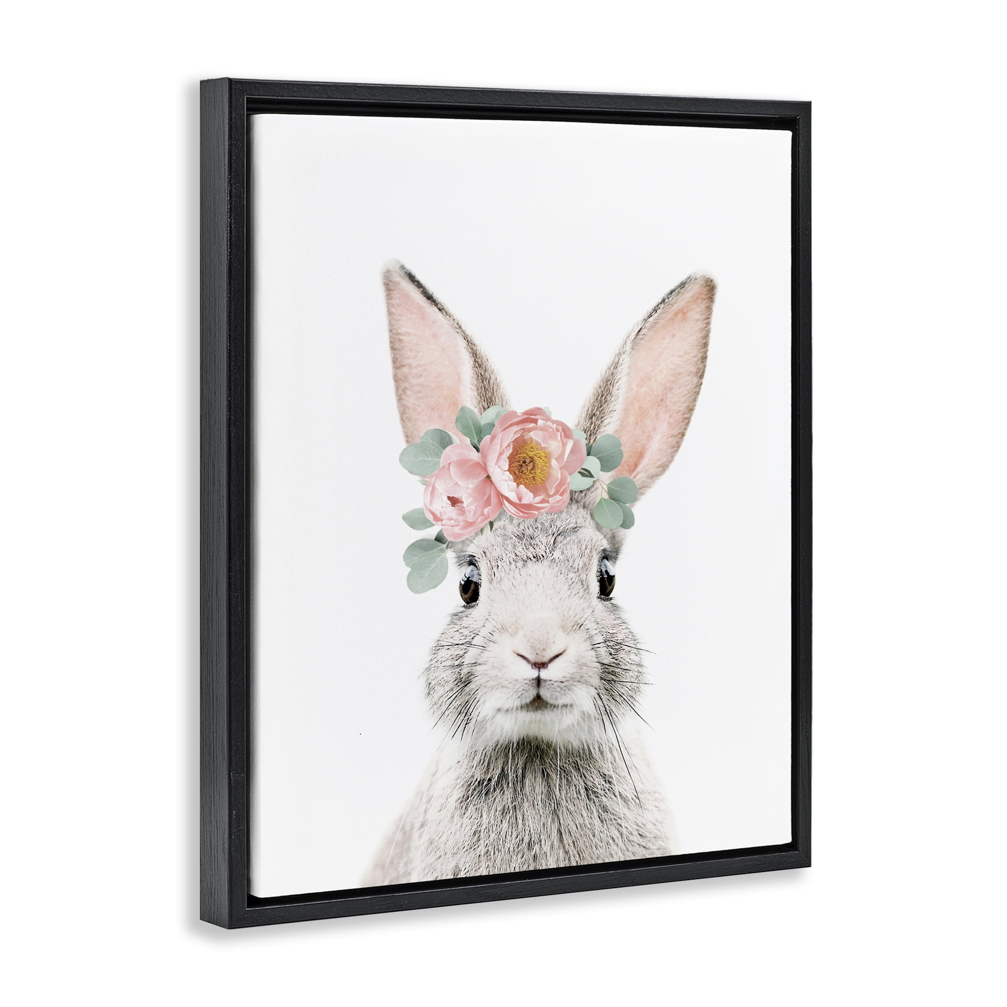 Stupell Industries Pink Flower Bunny Animals Painting Black Floater Framed Canvas Art Print Wall Art, 17 x 21