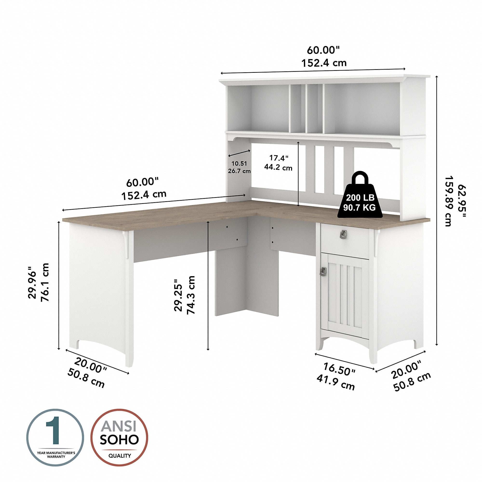 Bush Furniture Salinas Farmhouse 60 in L Shape Desk with Hutch, Box Drawer and Storage Cabinet in Shiplap Gray and White (Ships in 2 boxes)