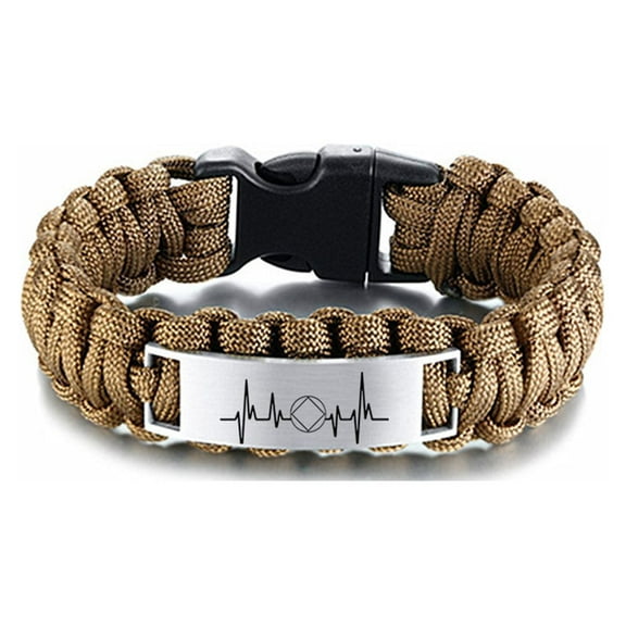 Sobriety Gifts for Men - NA Jewelry - Sobriety Symbol Braided Paracord Cuff Bracelet Bangle - Alcoholics Anonymous Anniversary Recovery Gift Idea for Him, Brown, 9 inches