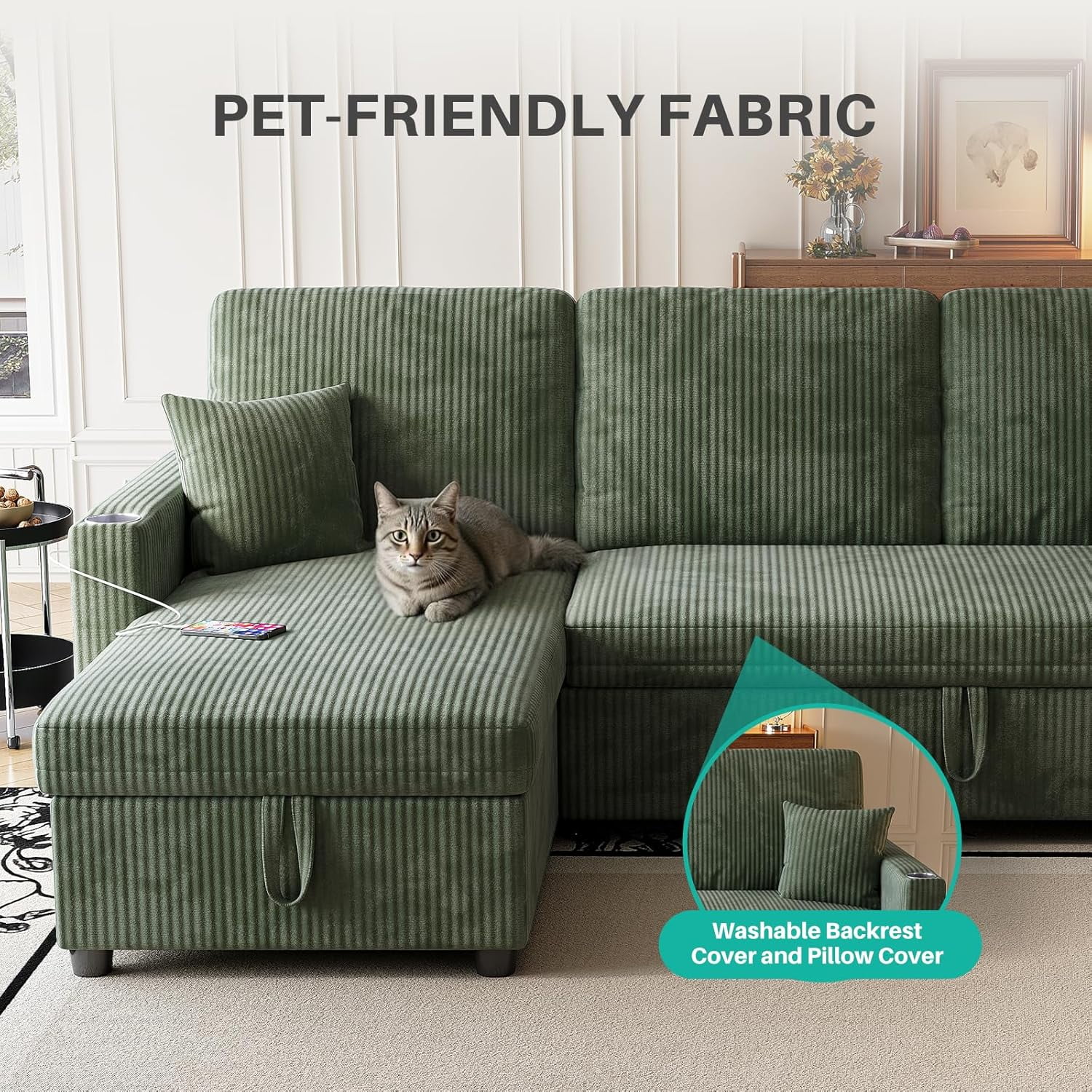 LLappuil Sectional Sofa, 84" Sectional Couch with Storage Chaise, Small Desktop, Cup Holders, Charging Port Convertible Sofa Bed, Corduroy Pull Out Sofa Bed for Living Room Green