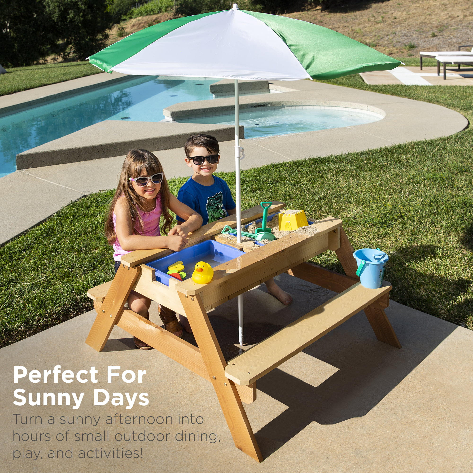 Best Choice Products Kids 3-in-1 Outdoor Convertible Wood Activity Sand & Water Picnic Table w/ Umbrella - Green - image 4 of 8