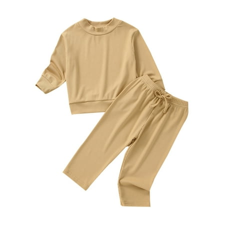 

wybzd Toddler Baby Girls Fall Clothes Solid Color Ribbed Long Sleeve Shirts Tops Pants Soft Casual Winter Outfits Set Apricot Brown 12-18 Months