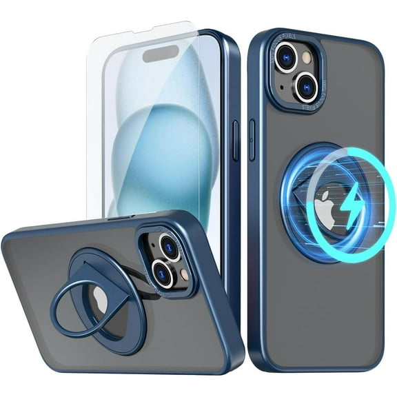 for iPhone 15 Phone Case with Tempered Glass Screen Protector Mag-Safe Wireless Charging 360° Rotatable Invisible Kickstand Bumpers Shockproof Protective Cover for Women Men Blue