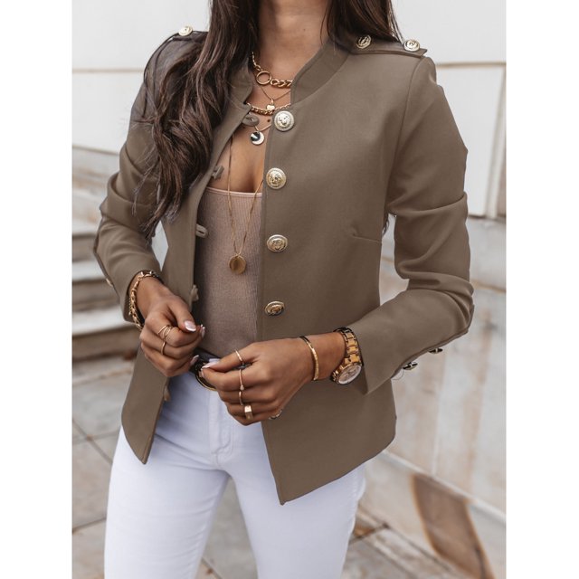 Chaqueta informal de manga larga con cuello redondo para mujer, prendas de vestir exteriores para oficina, moda de primavera y otoño, chaqueta lisa elegante, abrigo para mujer 2024