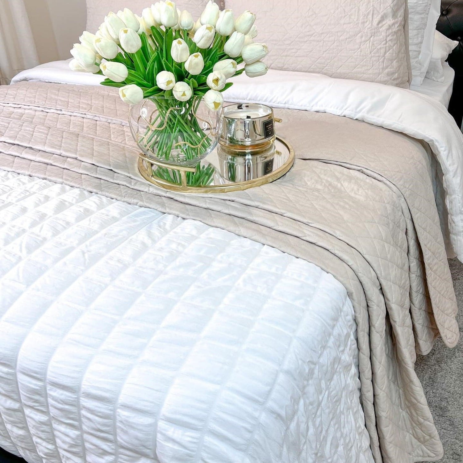 Lush Decor Ava Diamond Minimalist Modern Solid Cotton Lightweight Oversized Quilt, Full/Queen, White, 2-3 Piece Set
