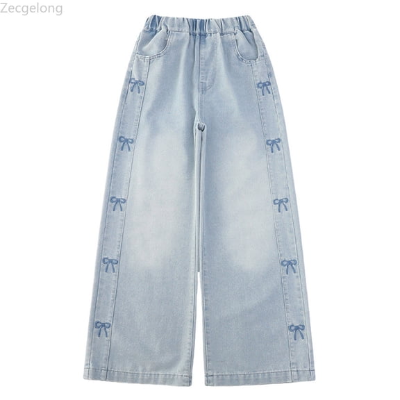 Zecgelong Stylish Embroidered Bow Denim Pants For Girls Lightweight Wide Leg Trousers For Casual Wear Girls Jeans Size Blue 5-6 Years