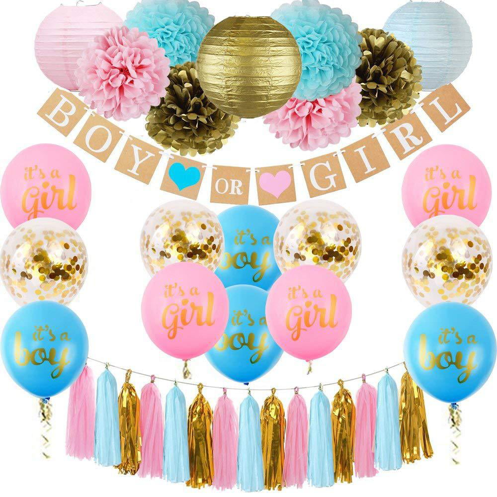 111 Piece Premium Kit Boy or Girl Banner Baby Gender Reveal Party Supplies and Decorations Pink and Blue Balloons Great with Smoke Bombs and Confetti Cannon 36 inch Gender Reveal Balloon 