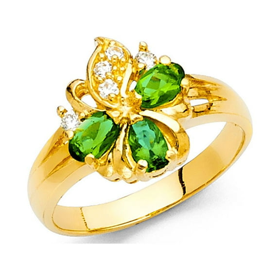 14k Yellow Gold Flower Ring Green CZ Floral Band Cluster Fashion Style Polished Fancy Size 7