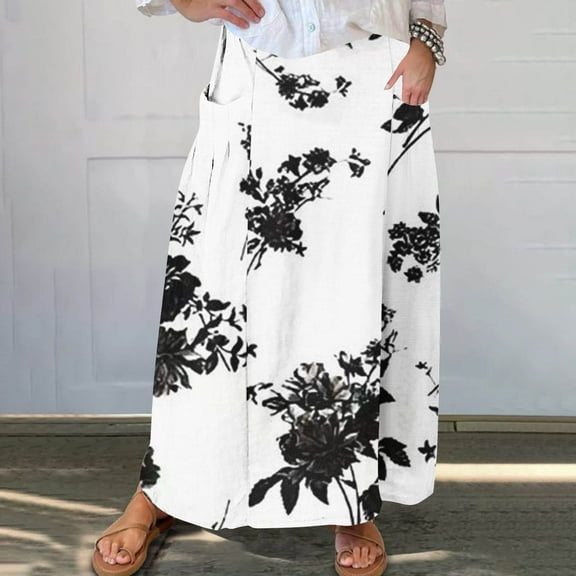 WXLWZYWL Women Flowy Maxi Skirt Floral Print Fall Casual Boho High Elatic Waist Loose Long Skirt with Pockets