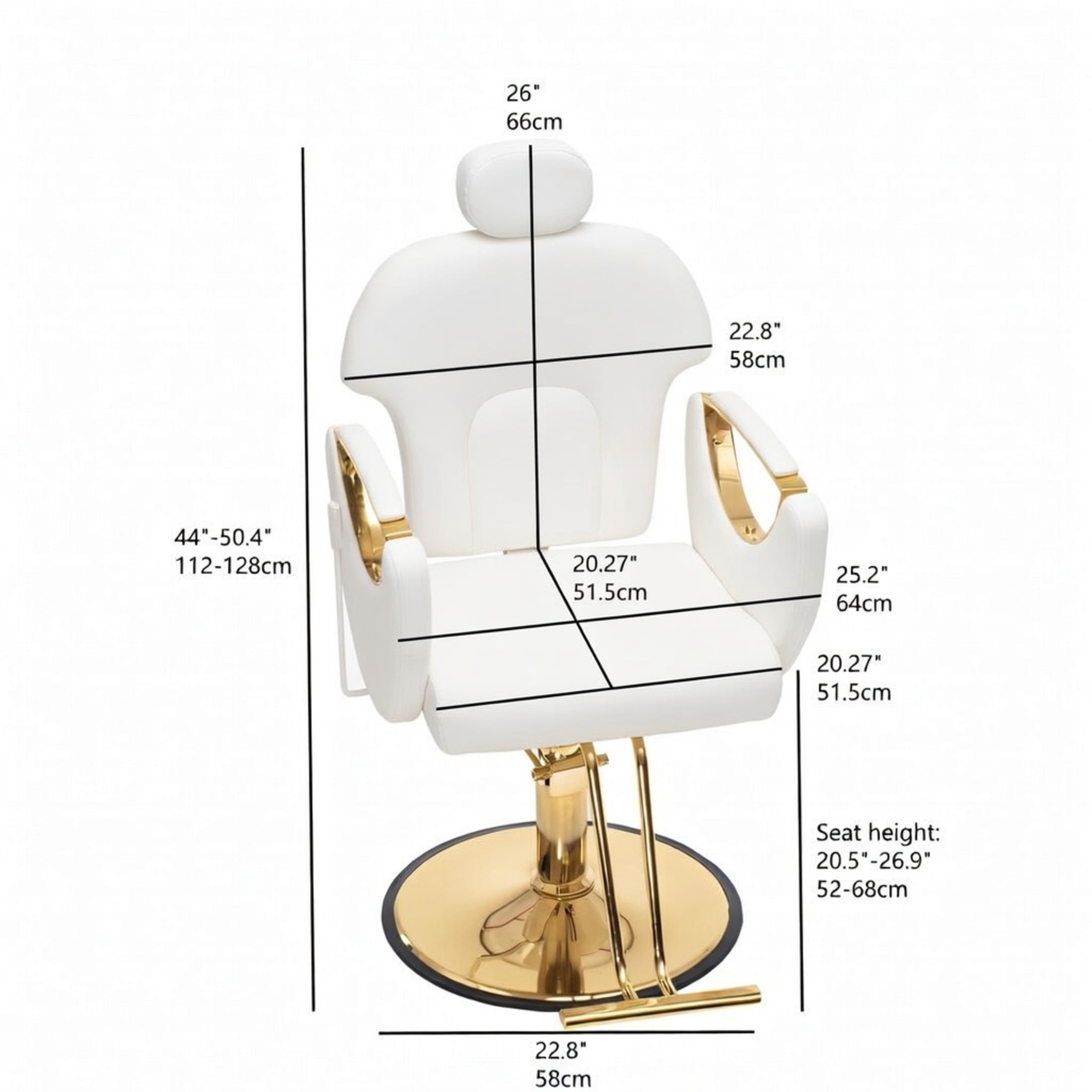 Noble House Hydraulic Barber Chair, Reclining Salon Styling Chair, PU Upholstery, White + Gold