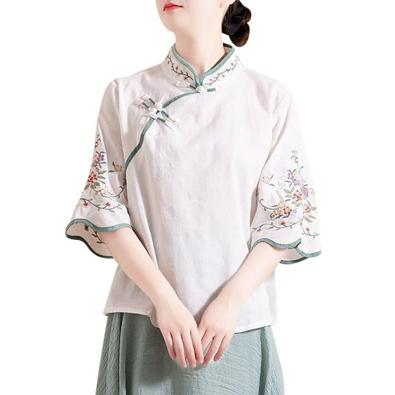 Busydd Womens Tops Plus Size M-4XL Trendy Solid Color Embroidered Summer Tops for Women Casual 1/2 Length Sleeve Button Going Out Tops for Women Peasant Spring Blouses
