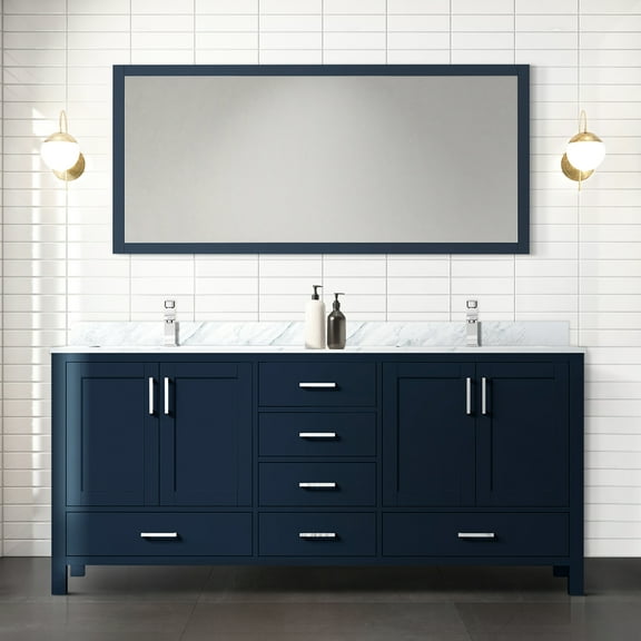 Double Bath Vanity In Navy Blue 72" W X 22" D, Marble, Solid Wood Coffer D With Marble Top & Strong