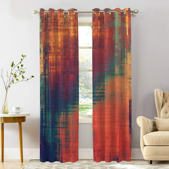 Orange Art Oil Blackout Window Curtains, Green Abstract Painting Thermal Insulated Curtains Grommet Top Window Drapes for Living Room, Bedroom 26"W x 45"L (Pack of 2)