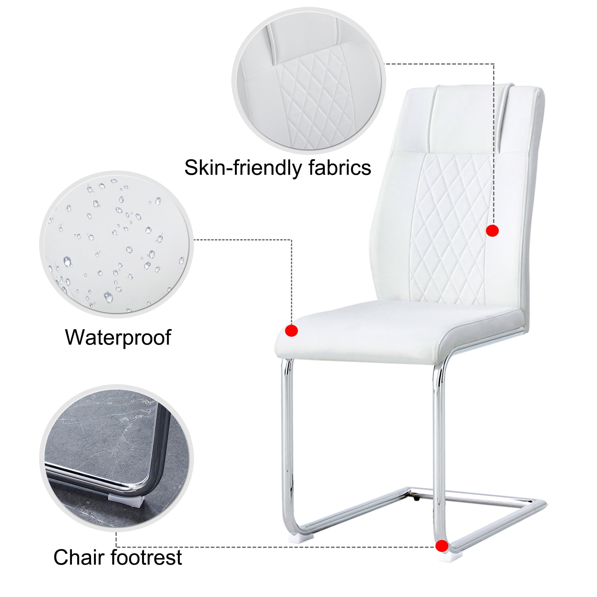 NYEESS Set of 4 White High Back Dining Chairs Armless with Waterproof Faux Leather Upholstered Seat Chrome Metal Legs for Kitchen Dining Room