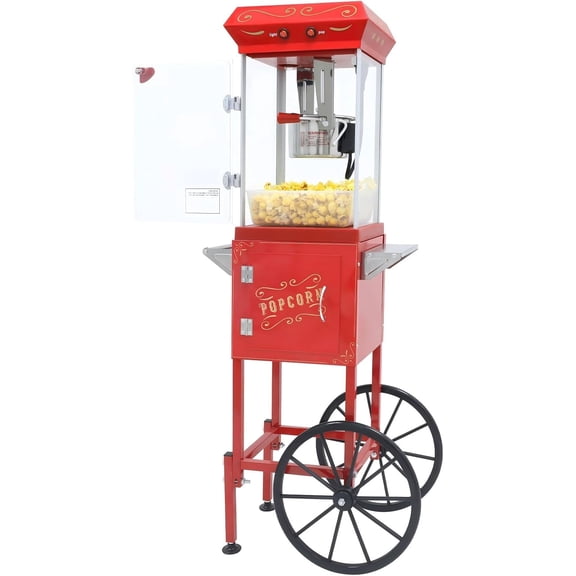 Popcorn Machine with Cart Wheels - Popcorn Maker with 8OZ Stainless Steel Kettle, pop corn Machine Maker for Home, Theater Style, Parties, Christmas, Outdoor Use, Red