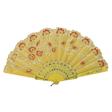 

wendunide household electric appliances chinese style dance wedding party lace silk folding hand held flower fan yellow
