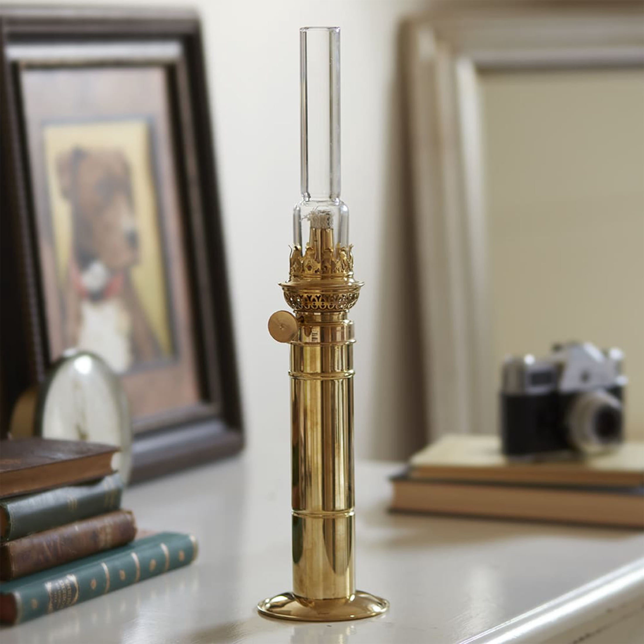 Kings County Tools 16” Tall Column Brass Oil Lamp for Indoor or Outdoor Use
