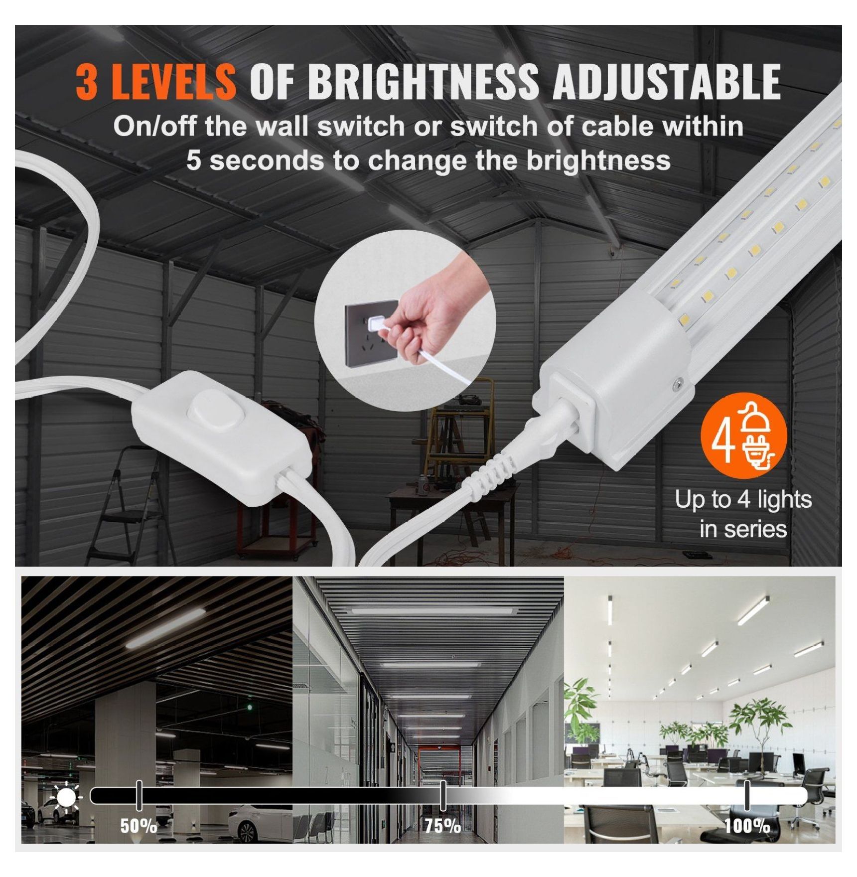 LED Shop Lights 8FT 10 Pack, 80W Linkable Garage Lights, 10000LM Bright Workshop Ceiling Fixtures with 59in Power Cord & 48in Connector Cables
