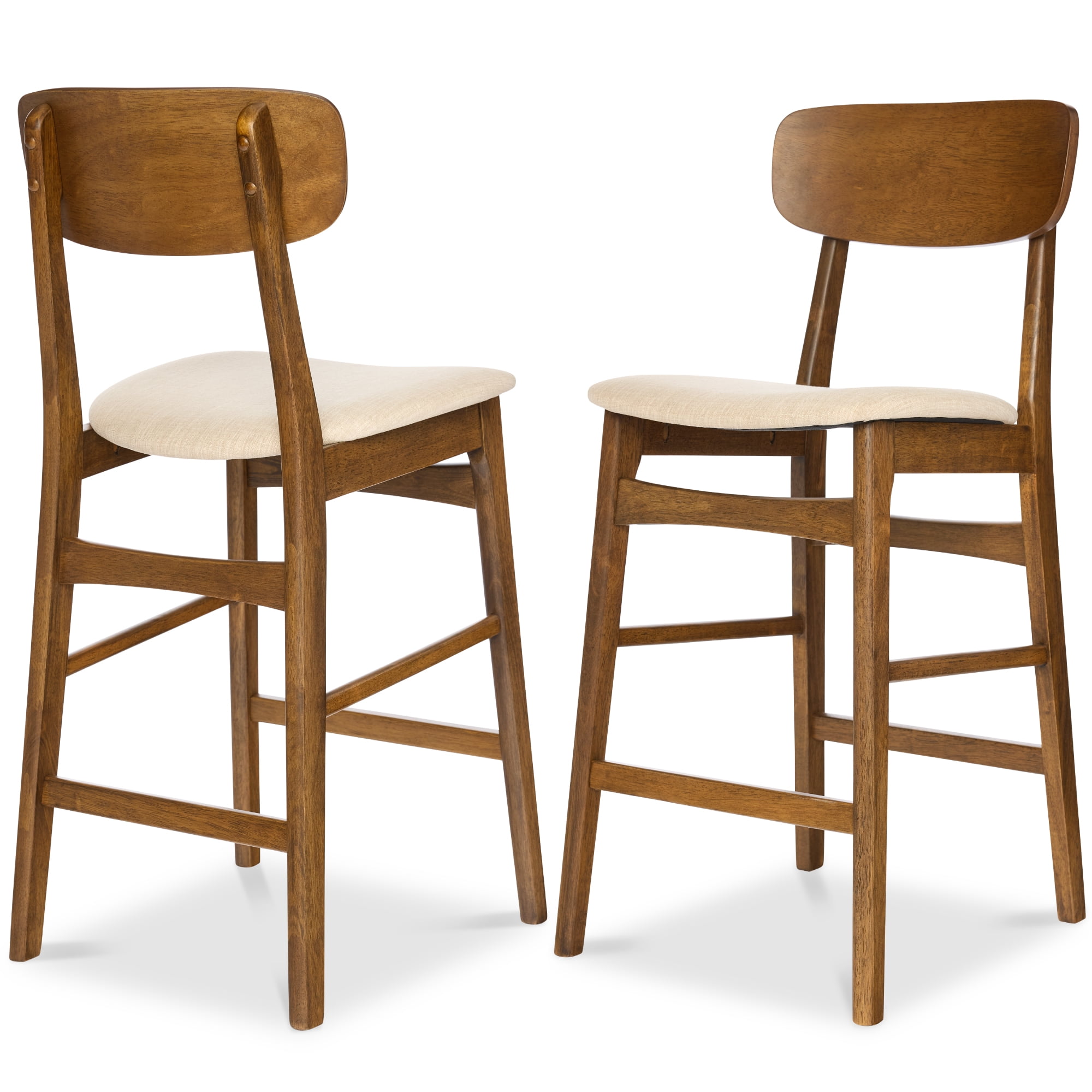 Best Choice Products 2-Piece Farmhouse Counter Height Bar Stool Set w/ Cushioned Seat, Wooden Backrest Walnut/Cream