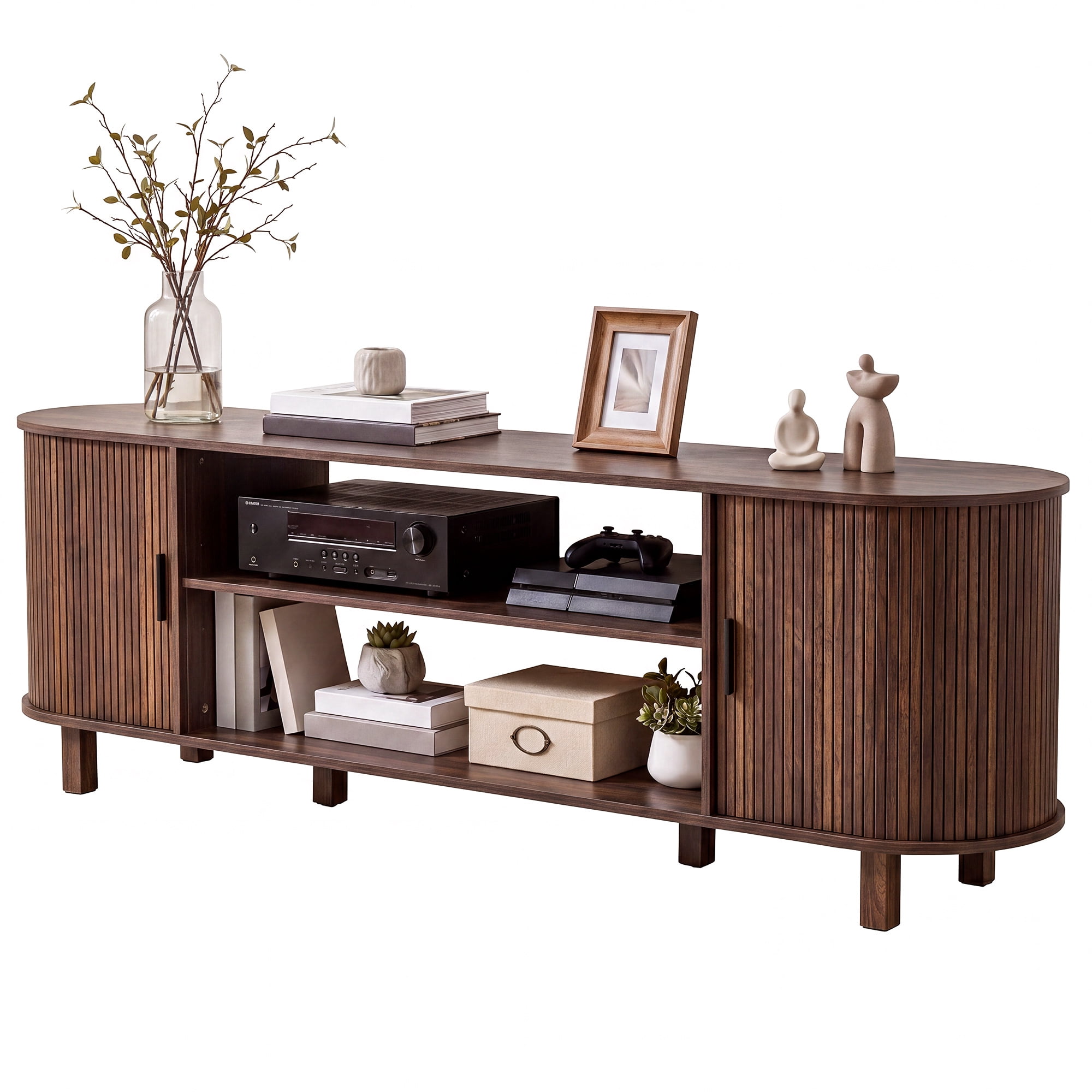 Uforic 70 Inch Mid Century Modern TV Stand with Fluted Rolling Doors and Adjustable Shelves, Fits Up to 75 Inch TV for Living Room, Walnut