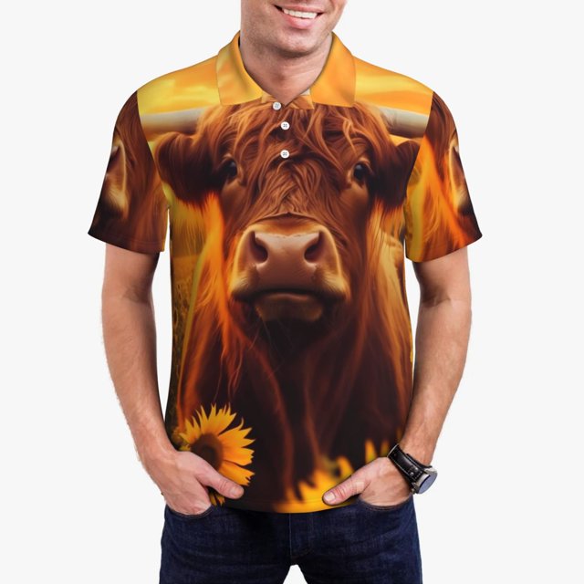 Fotbe Vintage Sunflower Cow A Camiseta Polo de Golf para Hombre con Estampado – Camisa Deportiva Transpirable con Cuello Abotonado-Medium