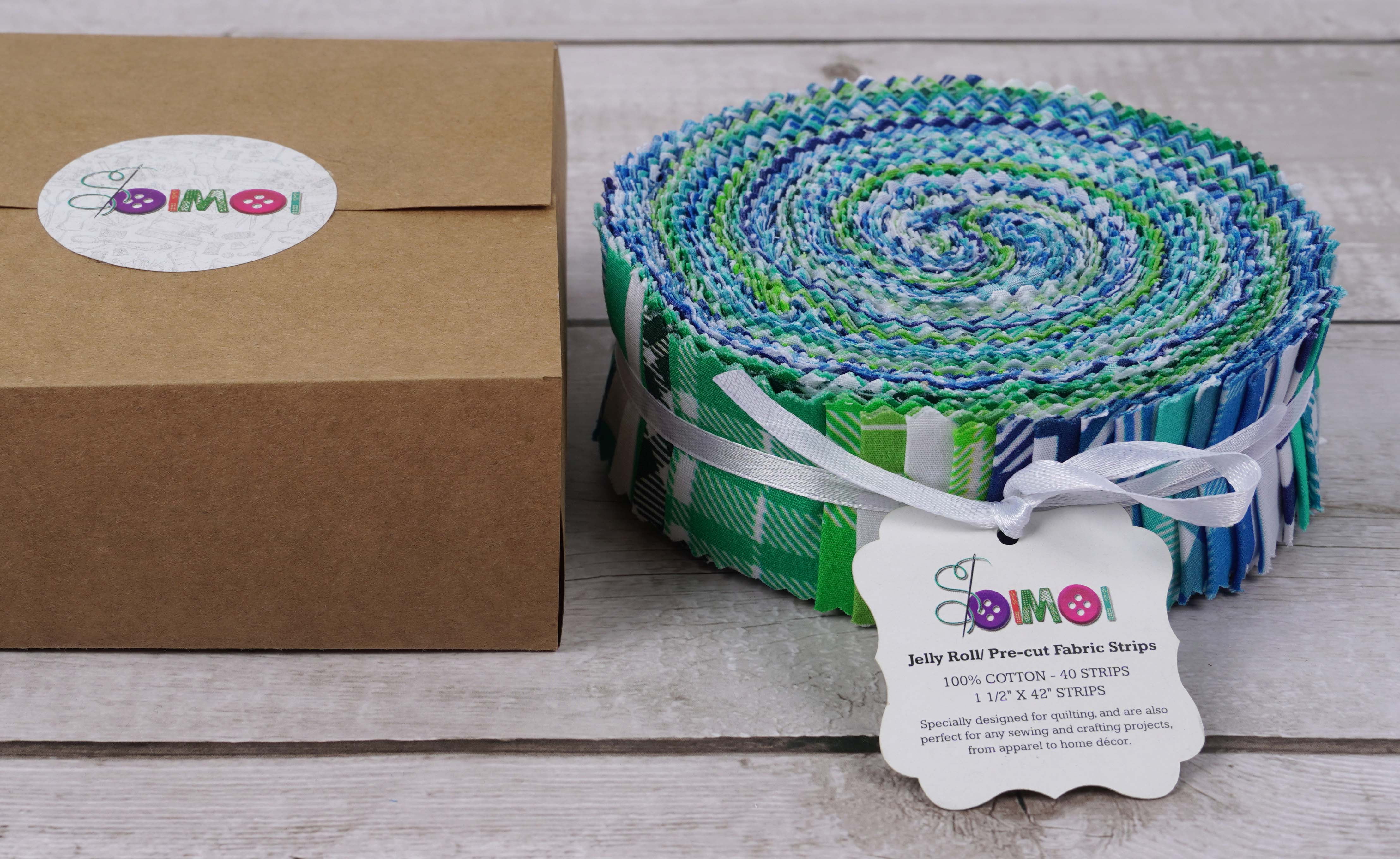 Soimoi 40Pcs Check & Tartan Print Precut Fabrics Strips Roll Up 1.5x42inches Cotton Jelly Rolls For Quilting - Blues & Greens