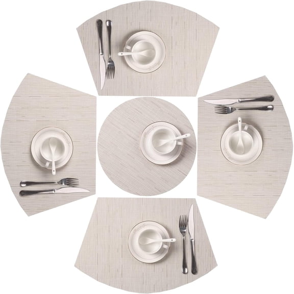 Small Round Table Placemats Set of 5 Wedge Shaped Place Mat with Centerpiece Round Mat Heat Resistant Table Mats Washable (5, Beige)