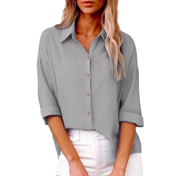 LEKODE womens linen tops V-neck Round neck embroidery cotton linen tops for women Dressy Casual Button-down lightweight shirt womens short sleeve button down shirts Casual formal wear Beige L