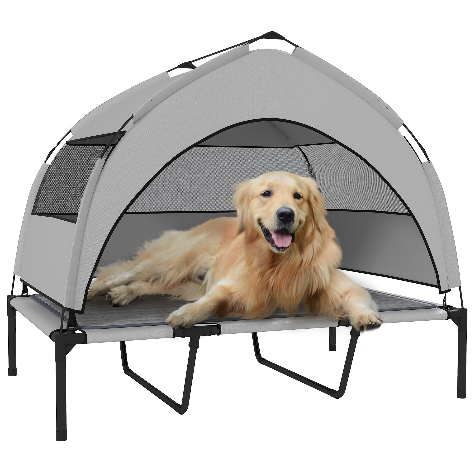PawHut Elevated Dog Bed, Portable Raised Pet Bed with Removable Canopy, Cooling Pad, Storage Bag, Outside Pet Cot for Large Dogs, 42" x 30" x 37"