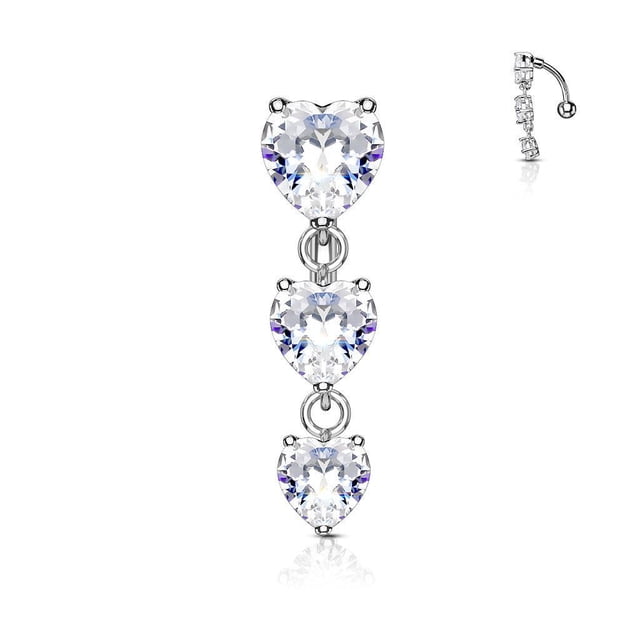 Belly Button Ring Reverse Design with Three Prong Set Heart CZ Vertical Drop