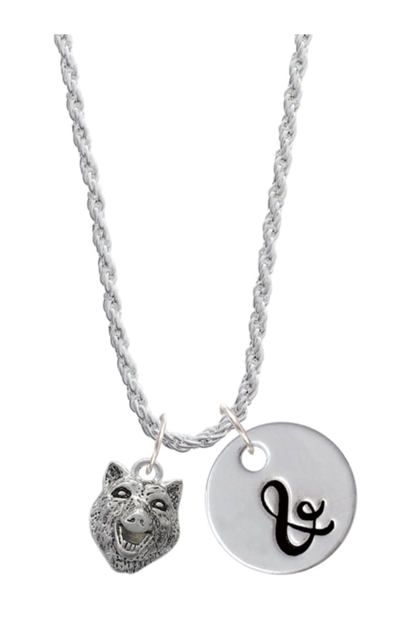 Silvertone Wolf Head Silvertone Script Initial Disc - & - Charm Necklace, 20"+3"